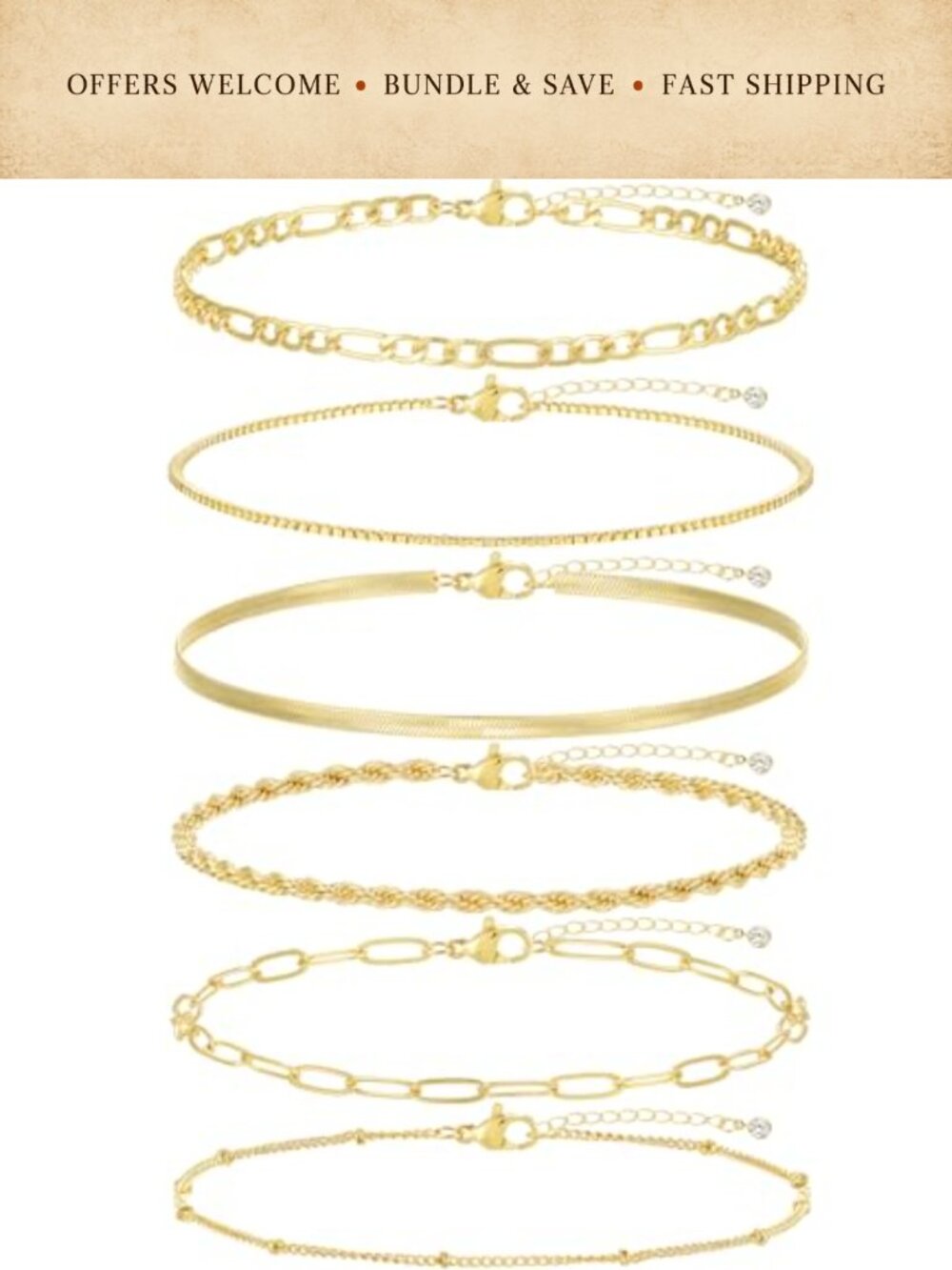 14K Gold Plated Chain Bracelet Set Women Adjustable Stackable Link Bracelets